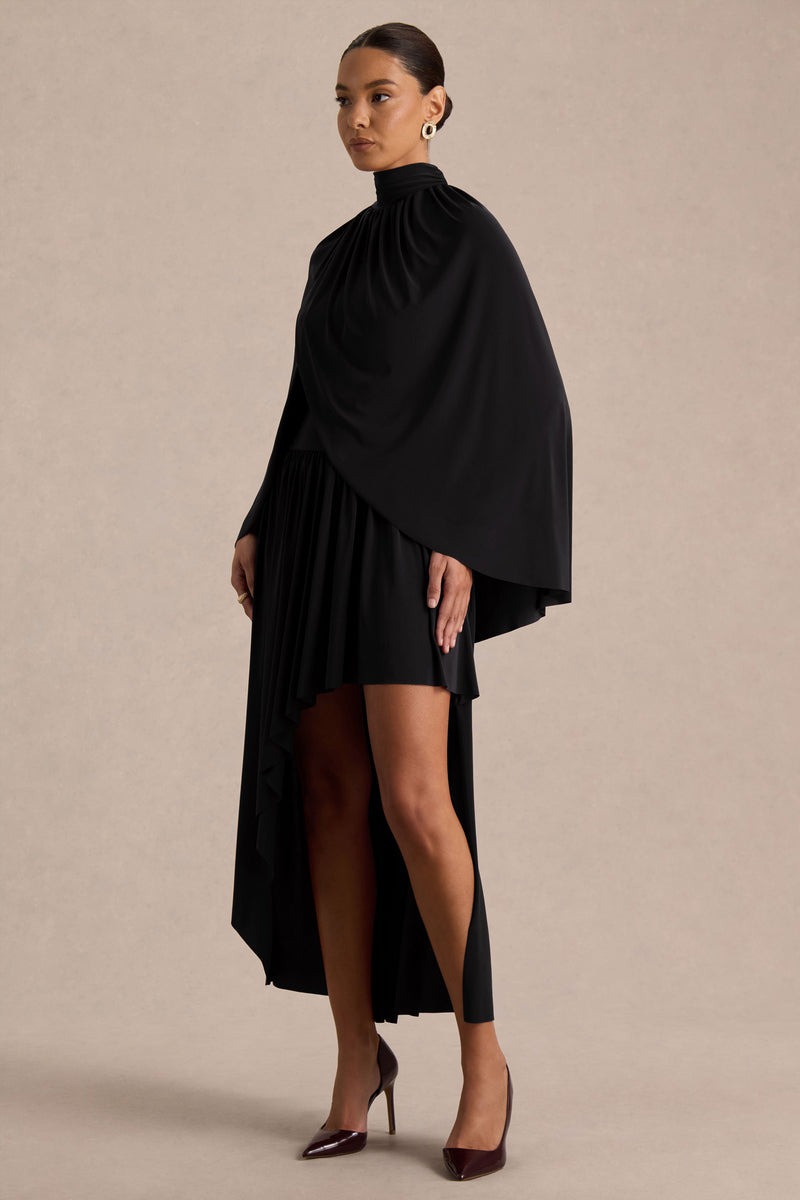 Black High-Neck Maxi Dress With Cape-Sleeves