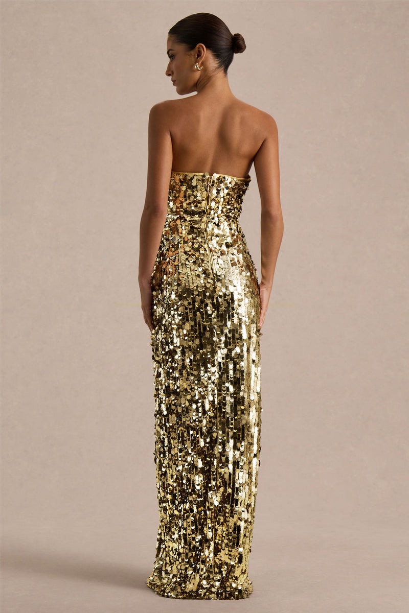 Gold Sequin Bandeau Maxi Dress With Front High-Split