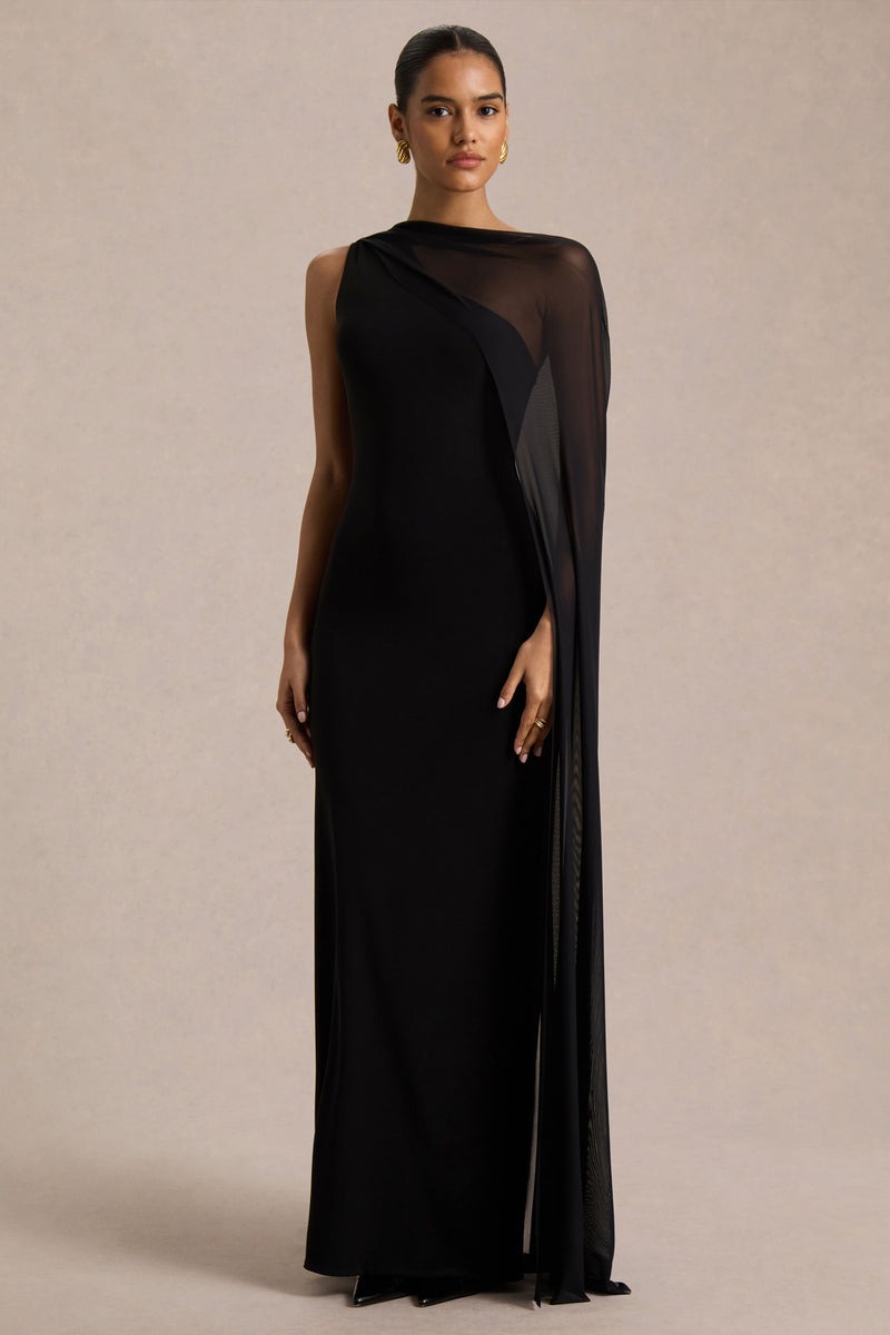 Black Asymmetric-Neck Maxi Dress With Sheer Cape-Sleeve