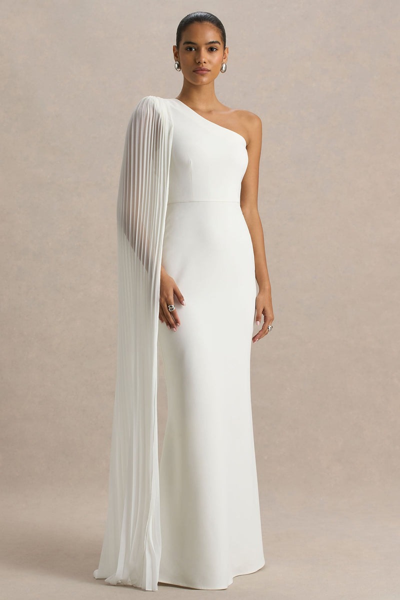 White Asymmetric-Neck Maxi Dress With Cape Sleeve Detail