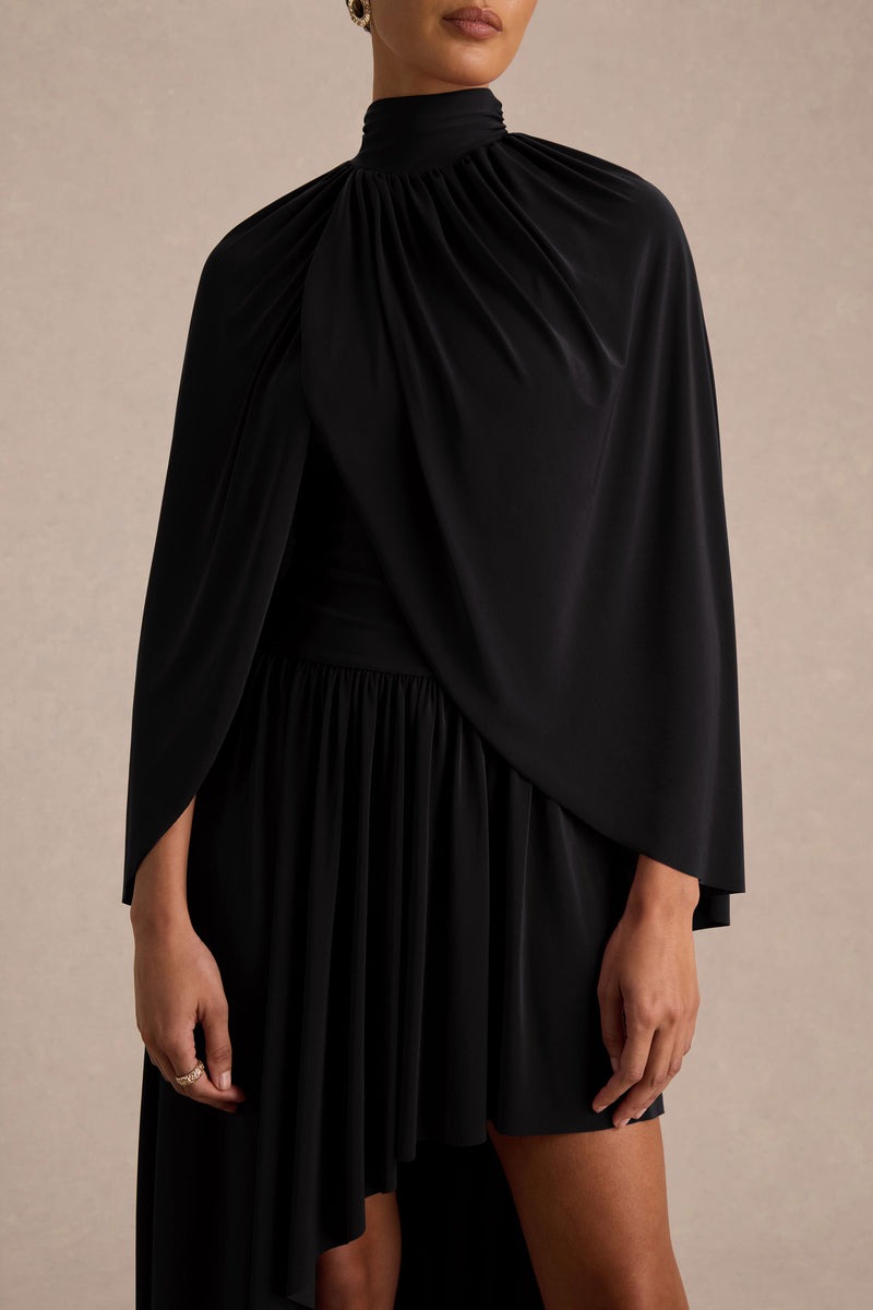 Black High-Neck Maxi Dress With Cape-Sleeves