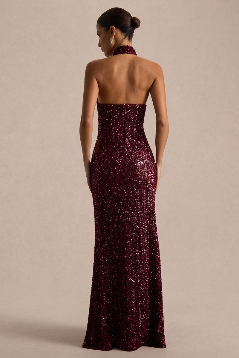 Burgundy Sequin High-Neck Maxi Dress