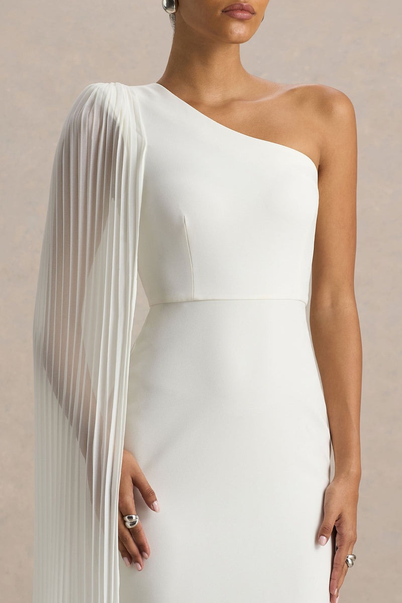 White Asymmetric-Neck Maxi Dress With Cape Sleeve Detail
