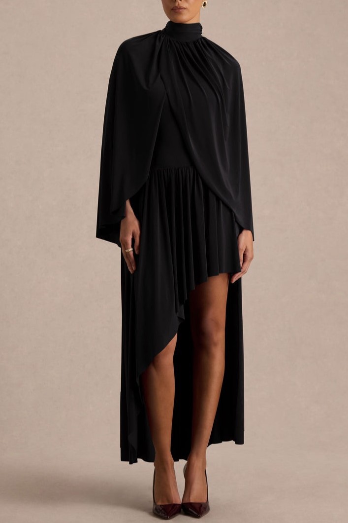 Black High-Neck Maxi Dress With Cape-Sleeves