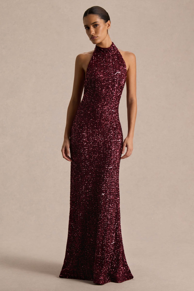 Burgundy Sequin High-Neck Maxi Dress
