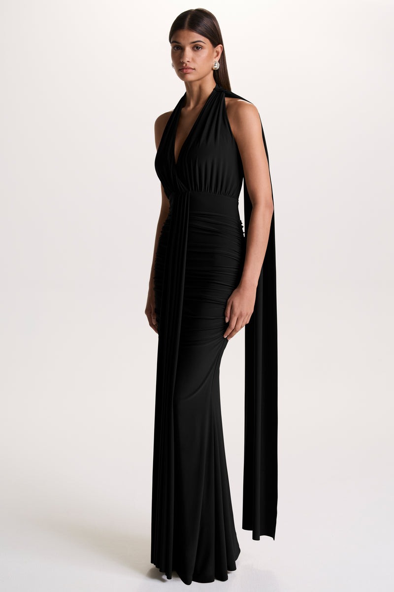 Black Halter-Neck Maxi Dress With Open-Back