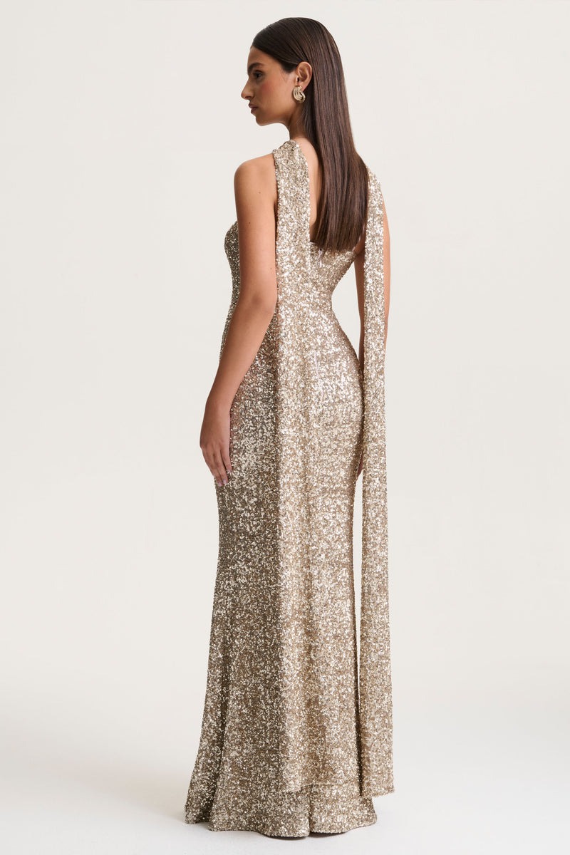 Gold Sequin Halter-Neck Maxi Dress