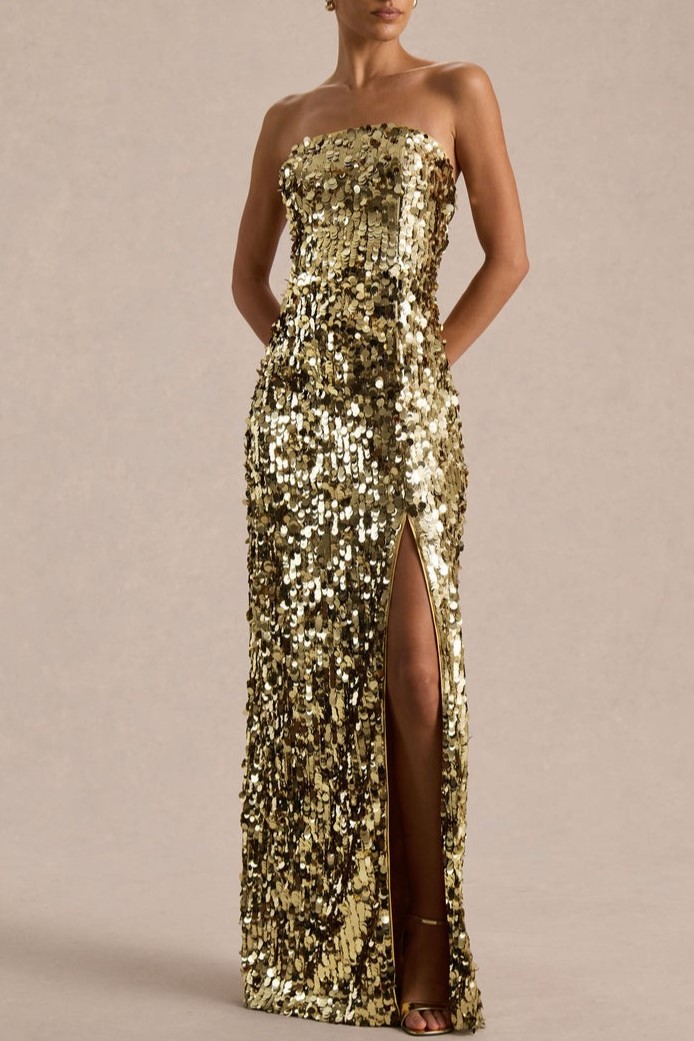 Gold Sequin Bandeau Maxi Dress With Front High-Split