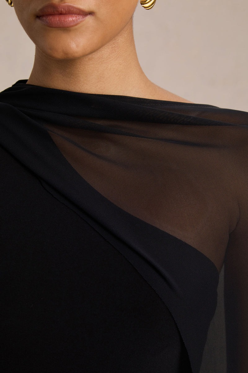 Black Asymmetric-Neck Maxi Dress With Sheer Cape-Sleeve