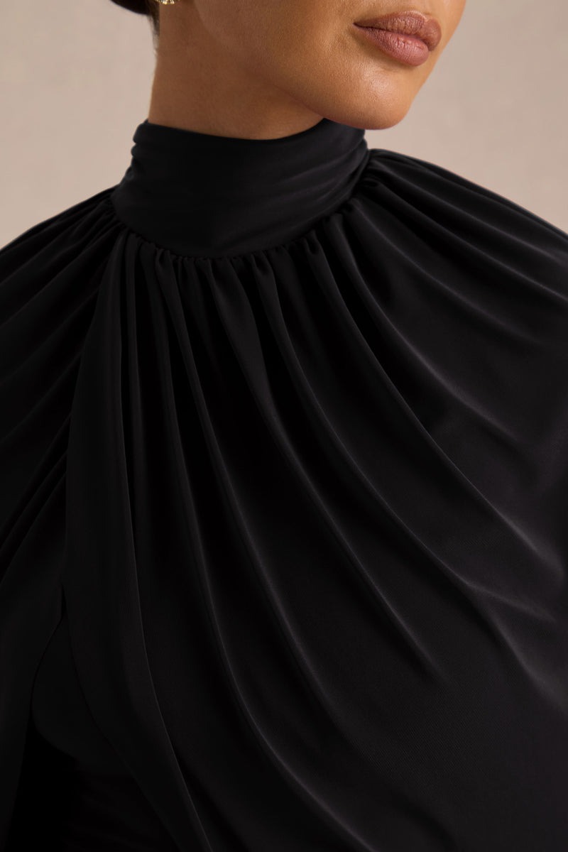 Black High-Neck Maxi Dress With Cape-Sleeves