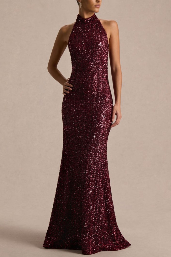 Burgundy Sequin High-Neck Maxi Dress