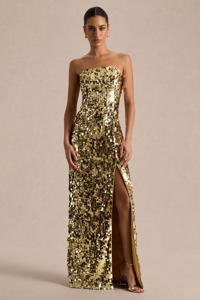 Gold Sequin Bandeau Maxi Dress With Front High-Split