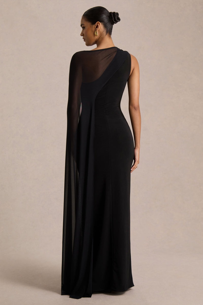 Black Asymmetric-Neck Maxi Dress With Sheer Cape-Sleeve