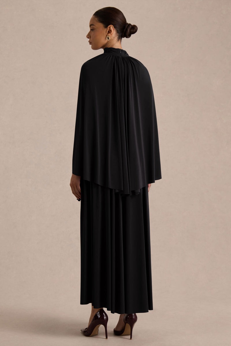 Black High-Neck Maxi Dress With Cape-Sleeves