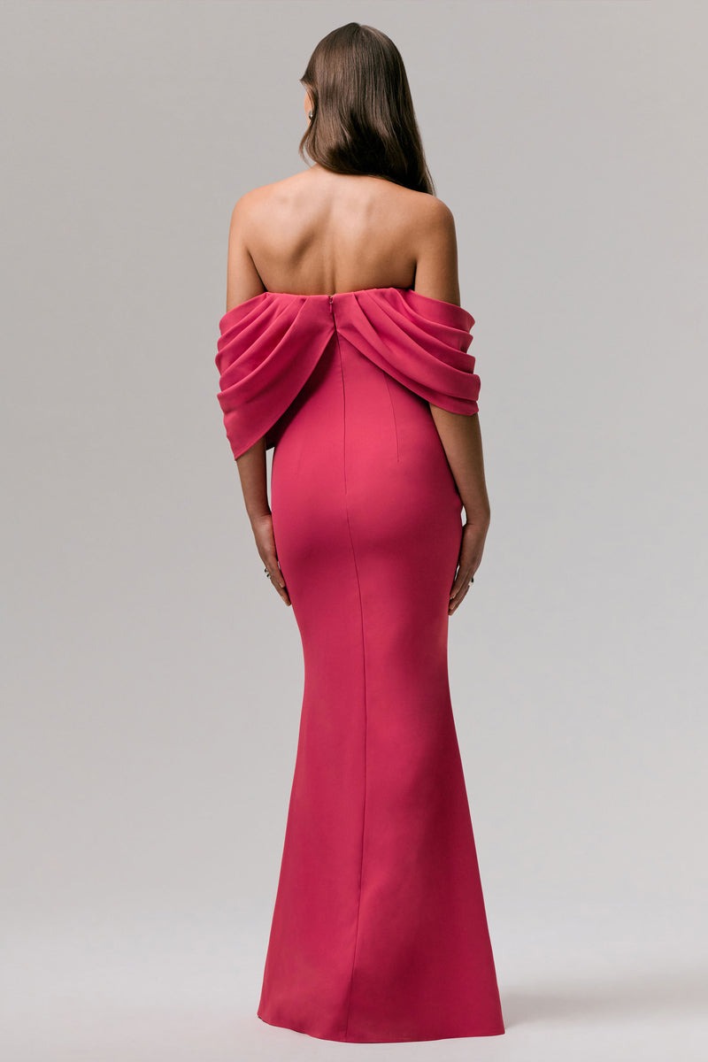 Hot Pink Draped Bardot Maxi Dress