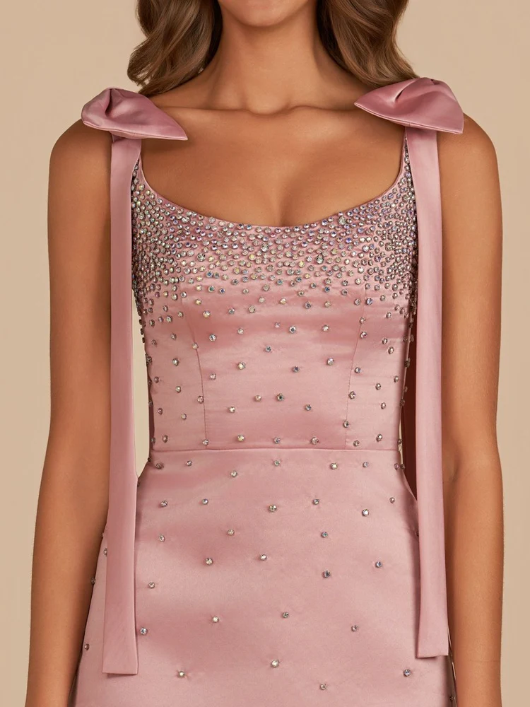 Pink Scoop Neck Satin Short Strapless Homecoming Dress With Bows