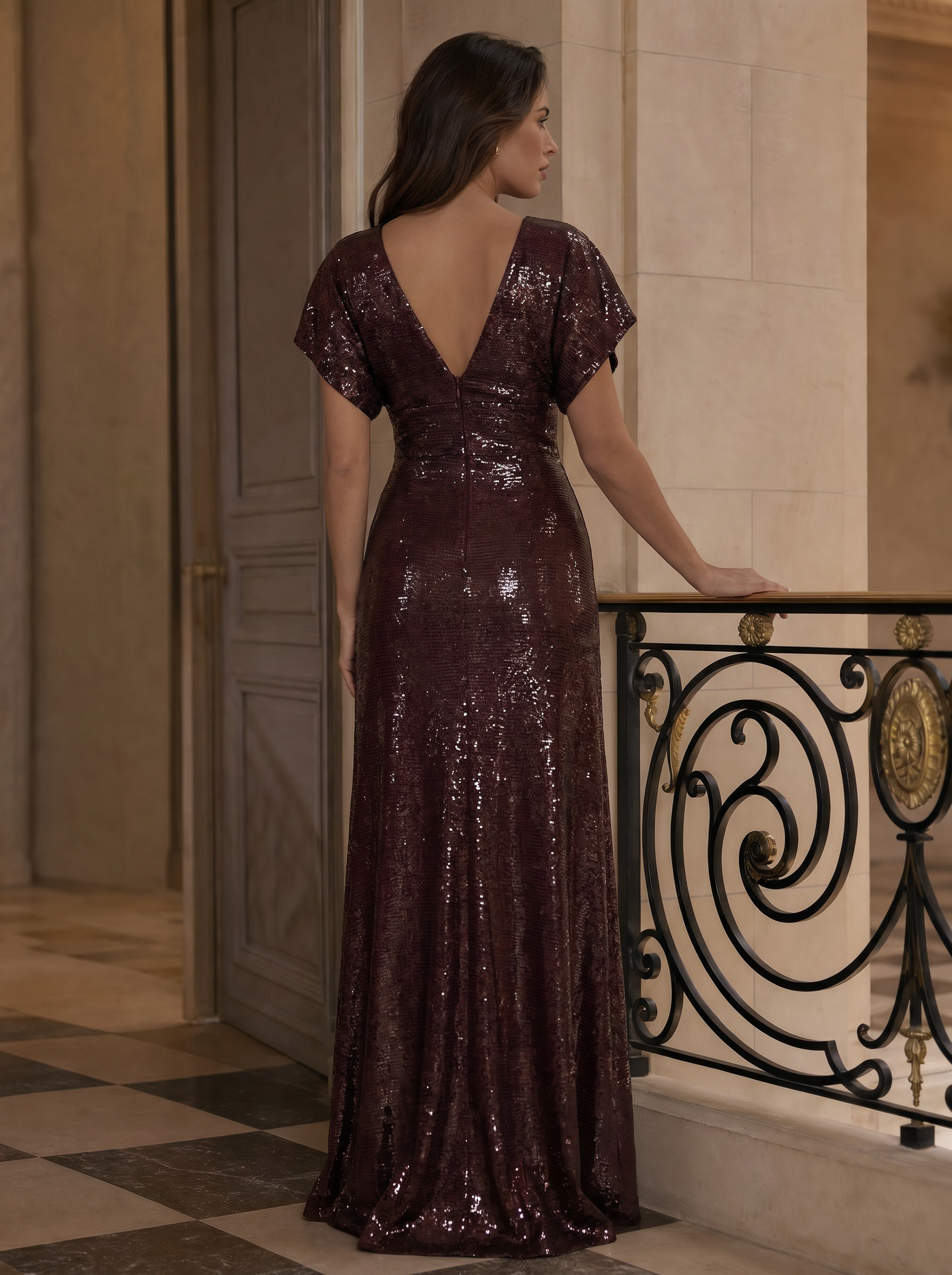 Burgundy Sequin Deep V Dolman Sleeve Mermaid Evening Gown