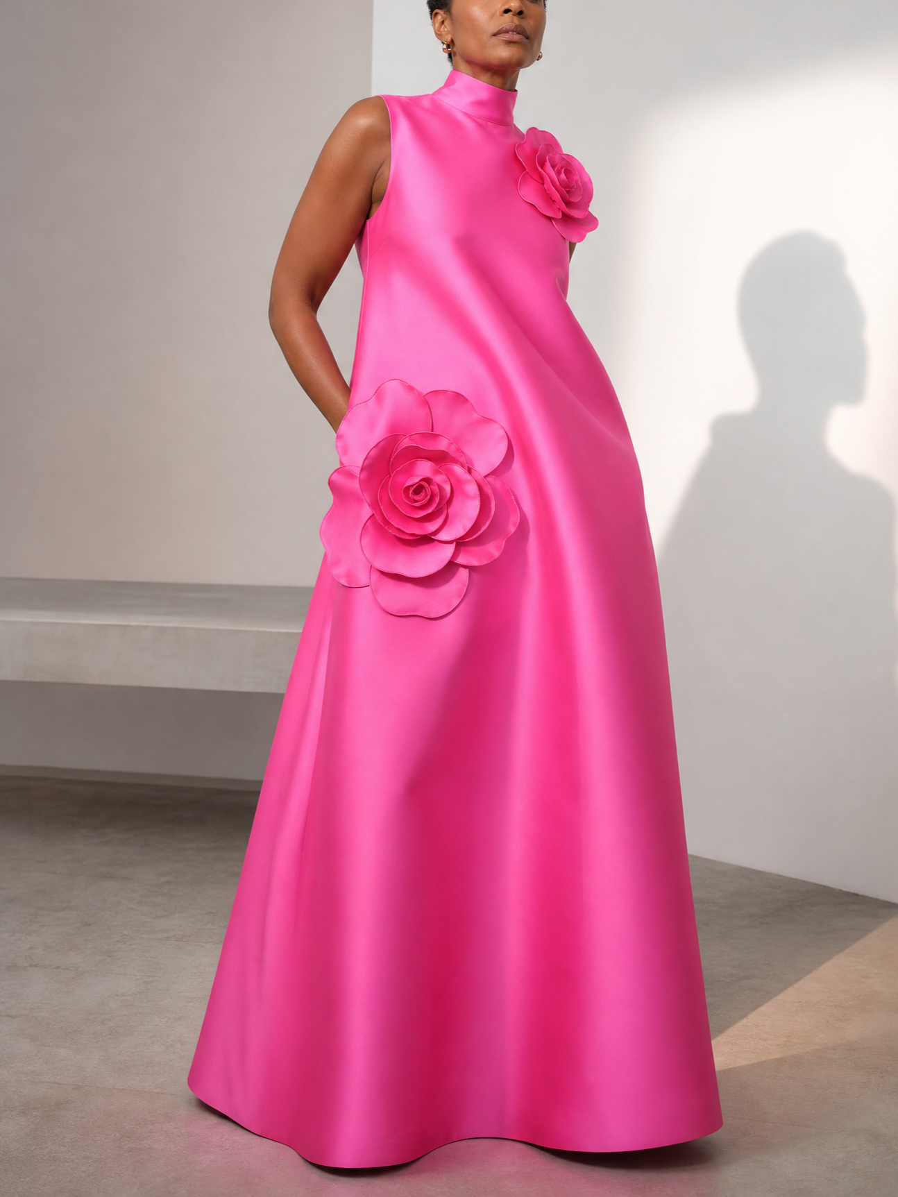 Valentina Fuchsia 3D Floral Satin A-Line Gown