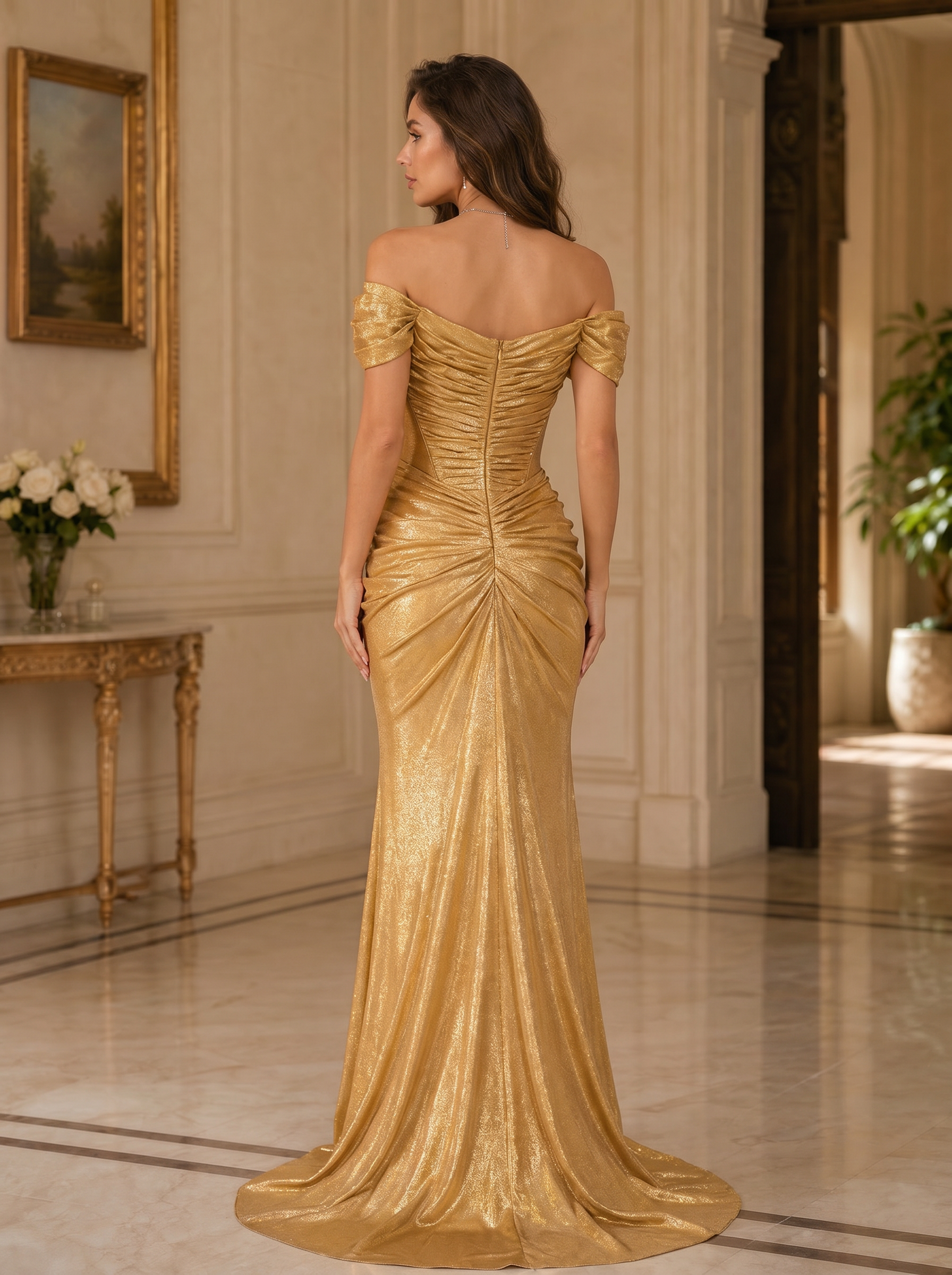 Metallic Gold Off Shoulder Ruched Mesh Cutout High Slit Mermaid Evening Gown