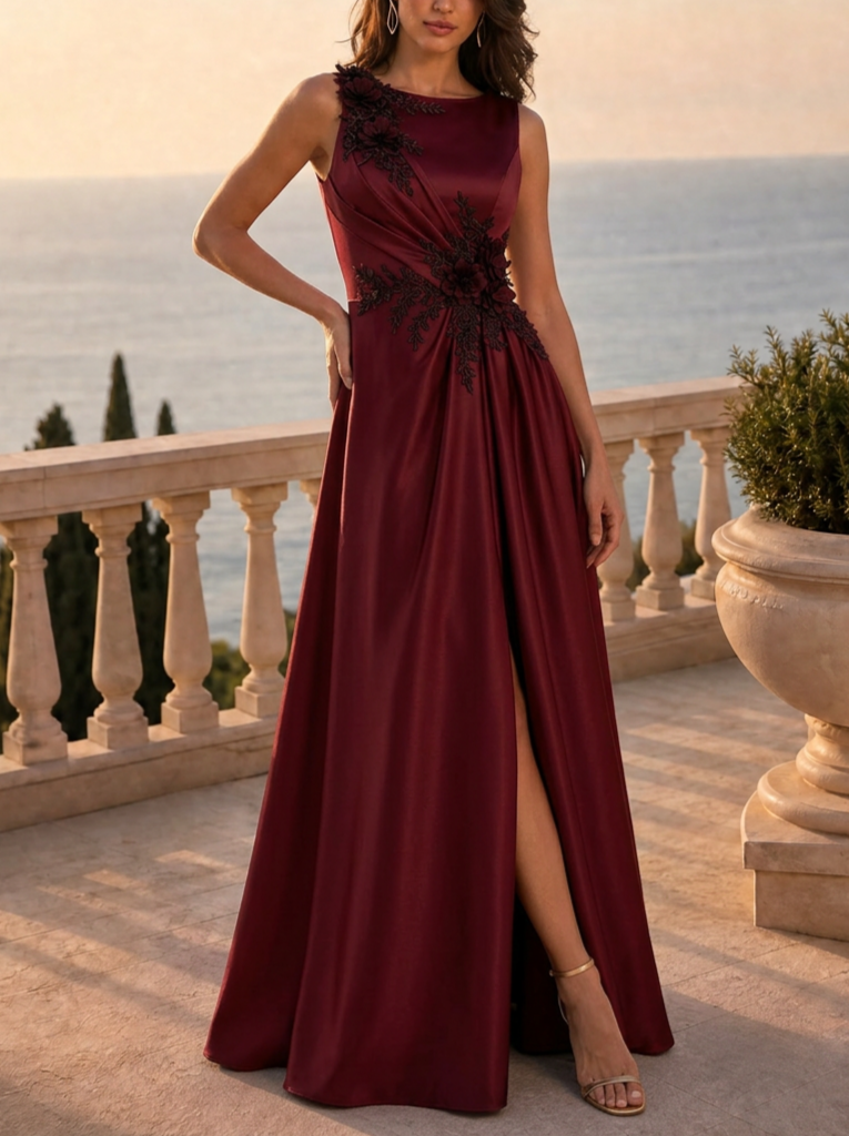 Burgundy Satin Sleeveless 3D Floral Lace Applique High Slit A-Line Evening Gown