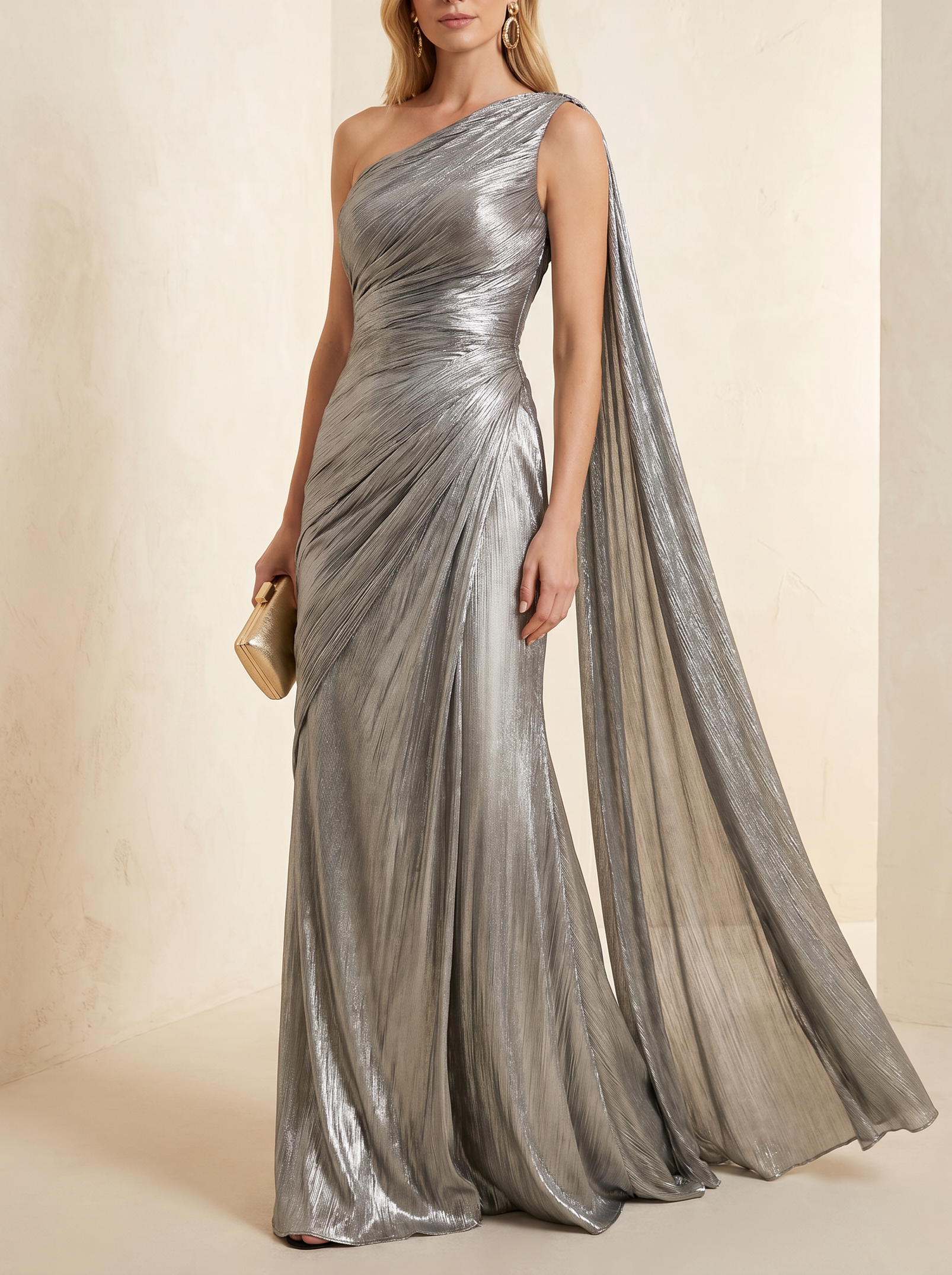 Metallic Silver One Shoulder Draped Cape Train Mermaid Evening Gown