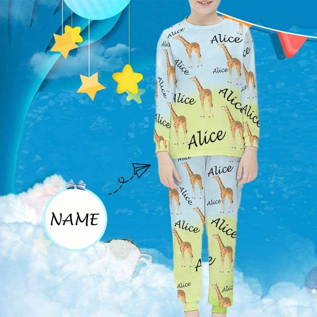 FacePajamas Pajama 6-7Y(XS) Custom Name Pajamas Cartoon Giraffe Sleepwear Personalized Kids Long Sleeve Pajama Set