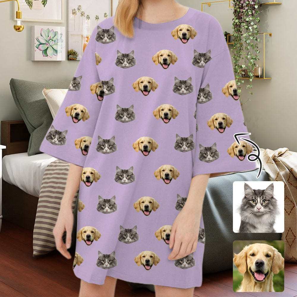 DogPicGift Pajama Custom Pet Faces Multicolor Pajamas for Women's Oversized Sleep Tee Personalized Women's Loose Nightshirt Sleepwear