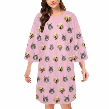 DogPicGift Pajama Pink / S Custom Pet Faces Multicolor Pajamas for Women's Oversized Sleep Tee Personalized Women's Loose Nightshirt Sleepwear