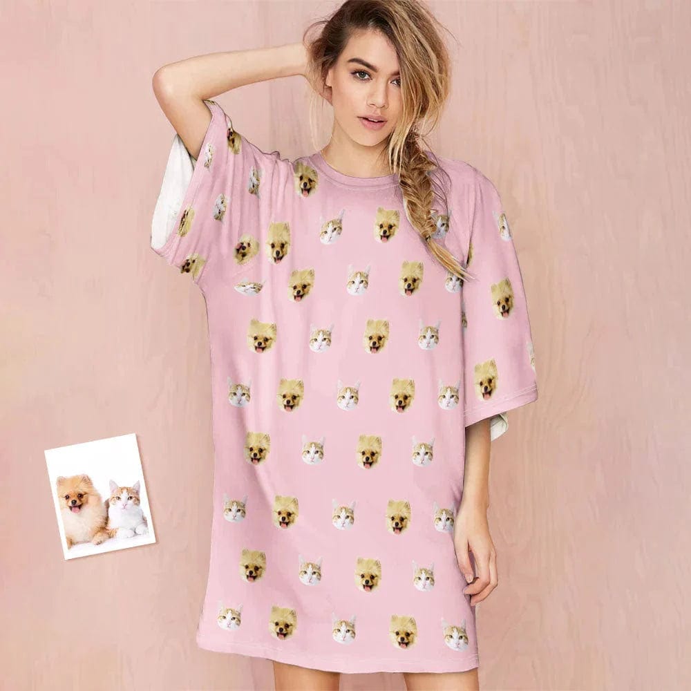 DogPicGift Pajama Women / Pink / S Personalized Pet Faces Multicolor Men Sleepwear&Women's Oversized Sleep Tee Custom Dog Cat Crew Neck Couple Matching Short Pajama Set