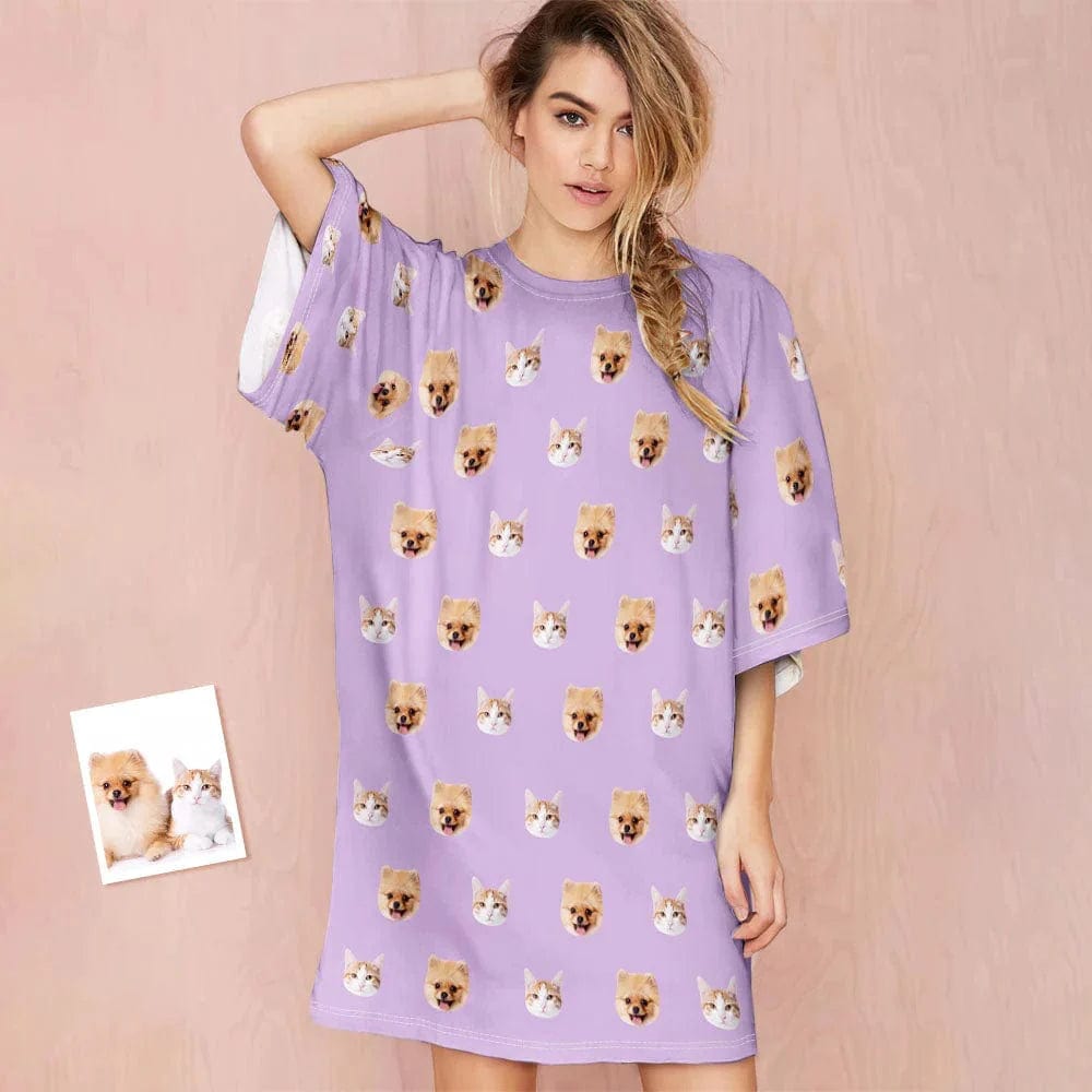 DogPicGift Pajama Women / Purple / S Personalized Pet Faces Multicolor Men Sleepwear&Women's Oversized Sleep Tee Custom Dog Cat Crew Neck Couple Matching Short Pajama Set