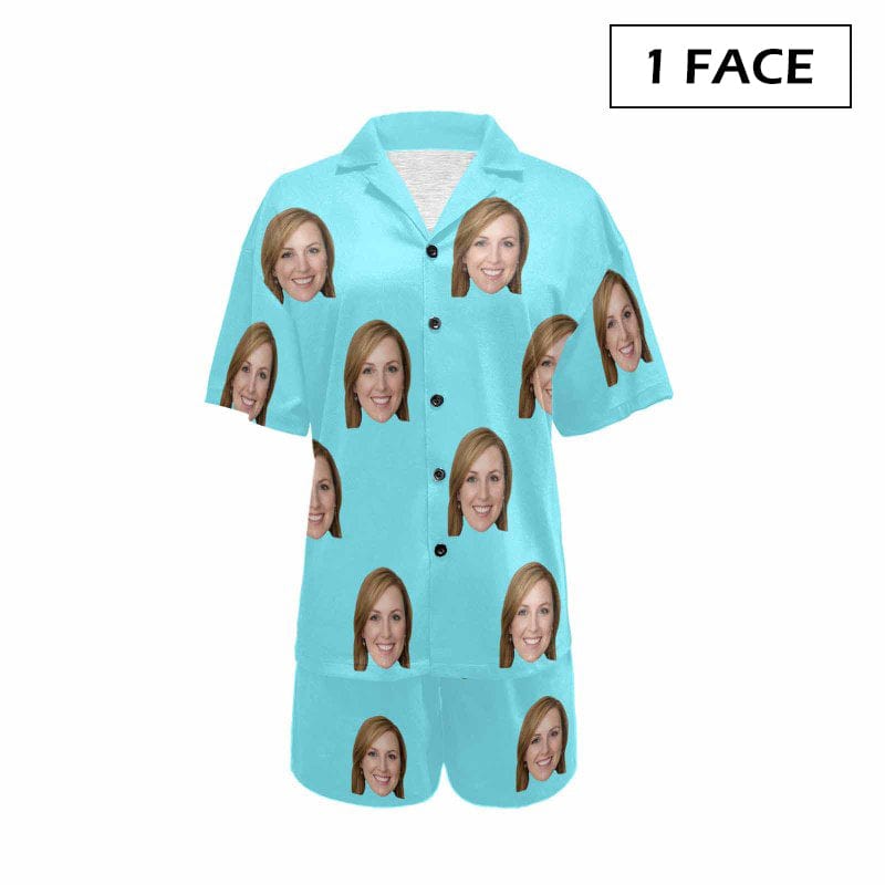 FacePajamas Pajama 1 Face / Sky blue / S #Plus Size Pajama Set-[Up To 4 Faces] Custom Face Solid Color Loungewear Personalized Photo Sleepwear Women's V-Neck Short Pajama Set