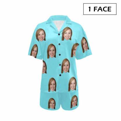 FacePajamas Pajama 1 Face / Sky blue / S #Plus Size Pajama Set-[Up To 4 Faces] Custom Face Solid Color Loungewear Personalized Photo Sleepwear Women's V-Neck Short Pajama Set
