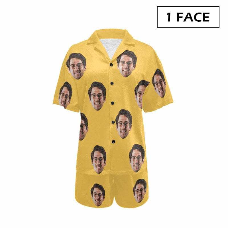 FacePajamas Pajama 1 Face / Yellow / S #Plus Size Pajama Set-[Up To 4 Faces] Custom Face Solid Color Loungewear Personalized Photo Sleepwear Women's V-Neck Short Pajama Set