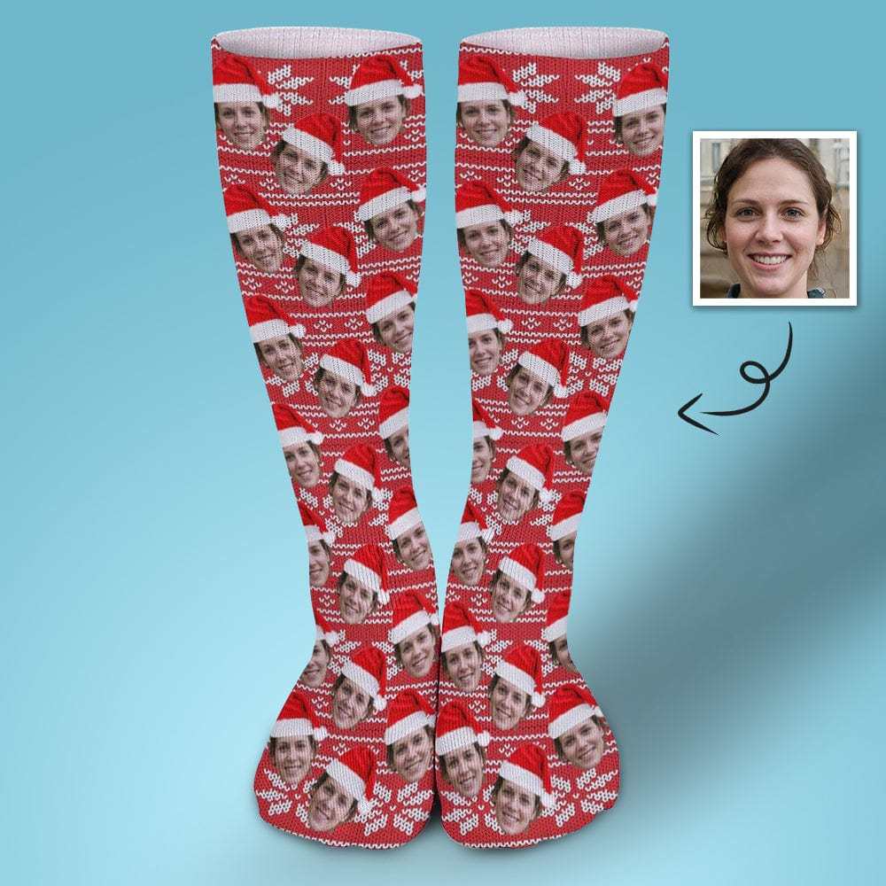 FacePajamas Sublimated Crew Socks-2WH-SDS 1PCS Custom Face Sublimated Crew Socks Red Hat Socks Personalized Funny Photo Socks Gift for Christmas