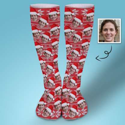 FacePajamas Sublimated Crew Socks-2WH-SDS 1PCS Custom Face Sublimated Crew Socks Red Hat Socks Personalized Funny Photo Socks Gift for Christmas