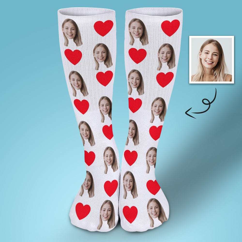 FacePajamas Sublimated Crew Socks-2WH-SDS 1PCS Red Heart Socks with Face Custom Personalized White Background Sublimated Crew Socks
