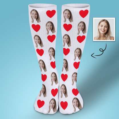 FacePajamas Sublimated Crew Socks-2WH-SDS 1PCS Red Heart Socks with Face Custom Personalized White Background Sublimated Crew Socks
