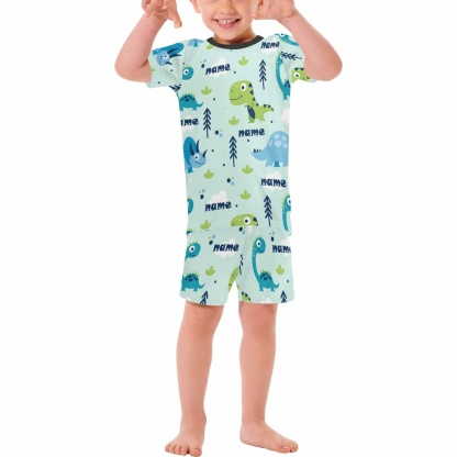 FacePajamas Pajama 2-3Y(XS) Little Boy Pajamas Custom Baby Name Little Dinosaur Personalized Kids' Short Sleeve Pajama Set For Boys 2-7Y