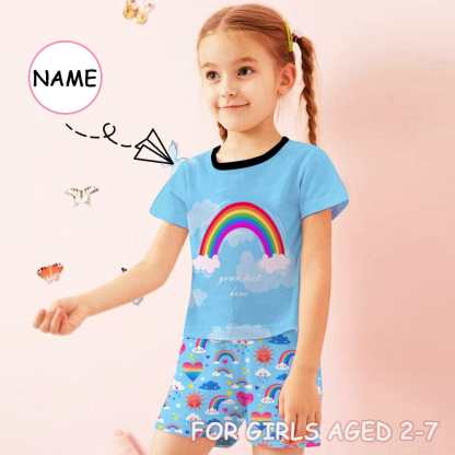 FacePajamas Pajama 2-3Y(XS) Little Kids Pajamas Custom Name Rainbow Blue Sleepwear Personalized Short Sleeve Pajama Set For Girls 2-7Y