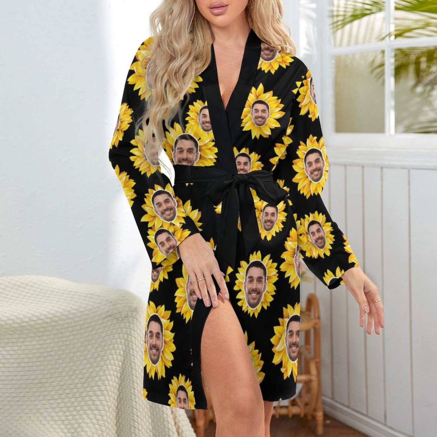 FacePajamas Mix Pajama-2ML-SDS 2 Pcs Face Print Pajamas-Custom Face Pet Dog Flower Sleepwear Personalized Women's Bath Robe &Women's Nightgown