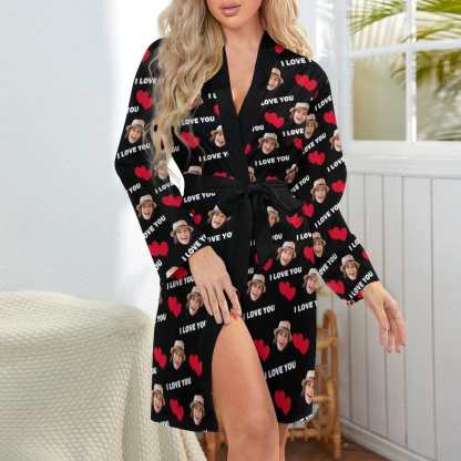 FacePajamas Mix Pajama-2ML-SDS 2 Pcs Face Print Pajamas-Custom Face Red Heart I Love You Sleepwear Personalized Women's Bath Robe &Women's Nightgown