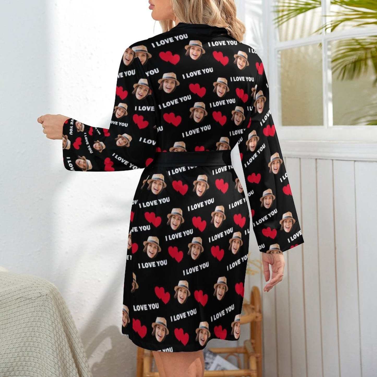 FacePajamas Mix Pajama-2ML-SDS 2 Pcs Face Print Pajamas-Custom Face Red Heart I Love You Sleepwear Personalized Women's Bath Robe &Women's Nightgown