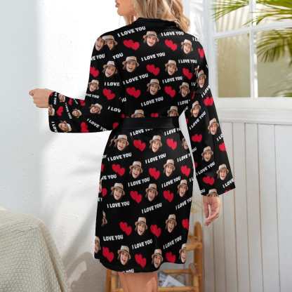 FacePajamas Mix Pajama-2ML-SDS 2 Pcs Face Print Pajamas-Custom Face Red Heart I Love You Sleepwear Personalized Women's Bath Robe &Women's Nightgown