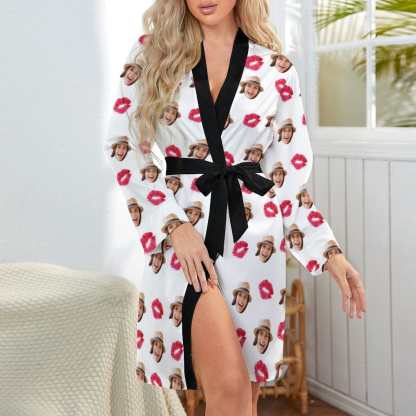 FacePajamas Mix Pajama-2ML-SDS 2 Pcs Face Print Pajamas-Custom Face Red Lips Sleepwear Personalized Women's Bath Robe &Women's Nightgown