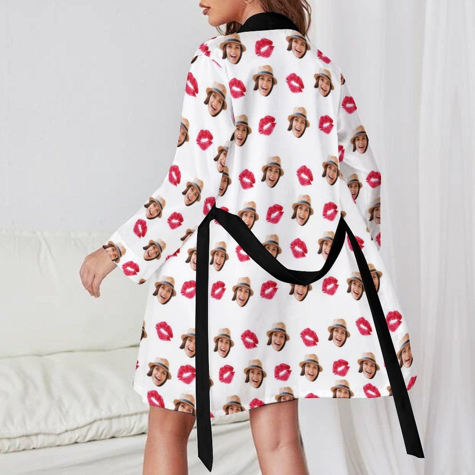 FacePajamas Mix Pajama-2ML-SDS 2 Pcs Face Print Pajamas-Custom Face Red Lips Sleepwear Personalized Women's Bath Robe &Women's Nightgown