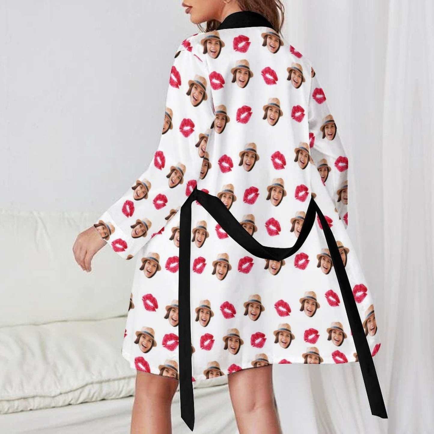 FacePajamas Mix Pajama-2ML-SDS 2 Pcs Face Print Pajamas-Custom Face Red Lips Sleepwear Personalized Women's Bath Robe &Women's Nightgown