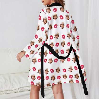 FacePajamas Mix Pajama-2ML-SDS 2 Pcs Face Print Pajamas-Custom Face Red Lips Sleepwear Personalized Women's Bath Robe &Women's Nightgown