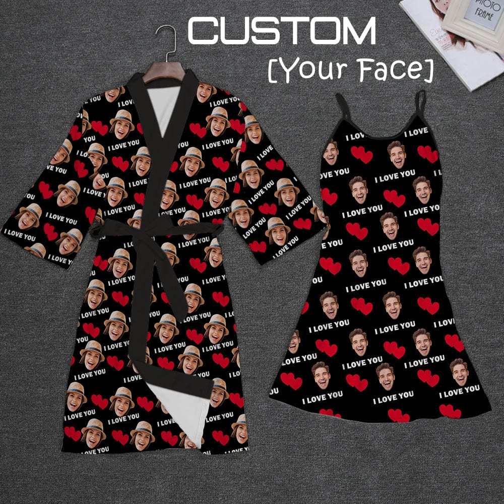 FacePajamas Mix Pajama-2ML-SDS 2pcs-Bath Robe+Nightgown / S 2 Pcs Face Print Pajamas-Custom Face Red Heart I Love You Sleepwear Personalized Women's Bath Robe &Women's Nightgown
