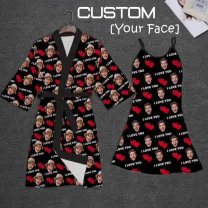 FacePajamas Mix Pajama-2ML-SDS 2pcs-Bath Robe+Nightgown / S 2 Pcs Face Print Pajamas-Custom Face Red Heart I Love You Sleepwear Personalized Women's Bath Robe &Women's Nightgown