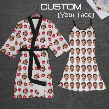FacePajamas Mix Pajama-2ML-SDS 2pcs-Bath Robe+Nightgown / S 2 Pcs Face Print Pajamas-Custom Face Red Lips Sleepwear Personalized Women's Bath Robe &Women's Nightgown